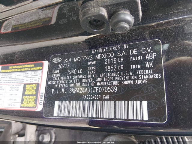 Auction sale of the 2018 Kia Rio Lx, vin: 3KPA24AB1JE070539, lot number: 45797929