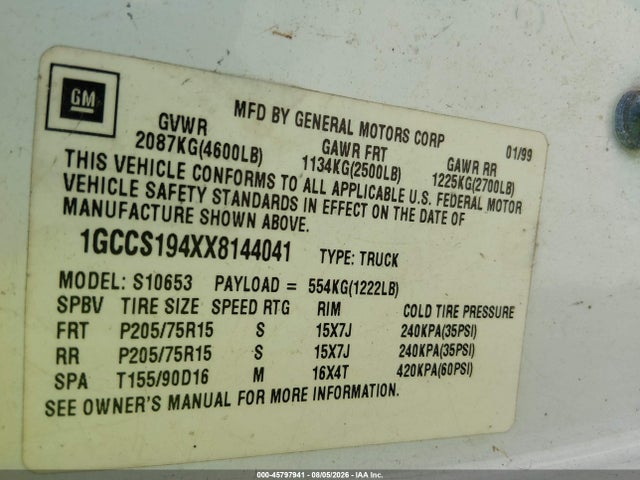 1999 Chevrolet S-10 Ls მანქანა იყიდება აუქციონზე, vin: 1GCCS194XX8144041, აუქციონის ნომერი: 45797941