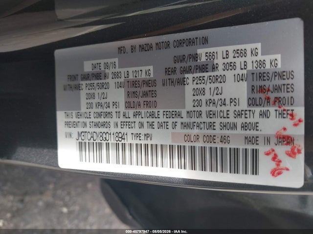 Aukcja sprzedaży 2016 Mazda Cx-9 Grand Touring, vin: JM3TCADY8G0118941, numer aukcji: 45797947