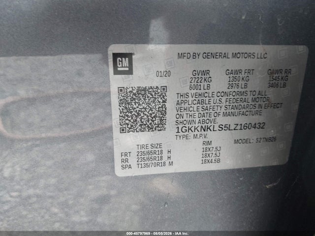 Aukcja sprzedaży 2020 Gmc Acadia Fwd Sle, vin: 1GKKNKLS5LZ160432, numer aukcji: 45797969