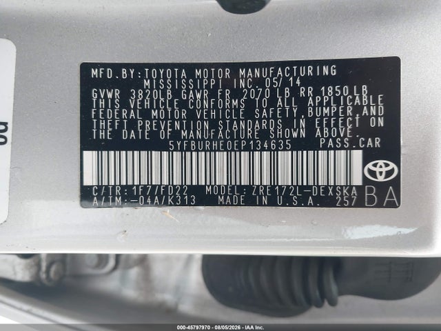 2014 Toyota Corolla S მანქანა იყიდება აუქციონზე, vin: 5YFBURHE0EP134635, აუქციონის ნომერი: 45797970