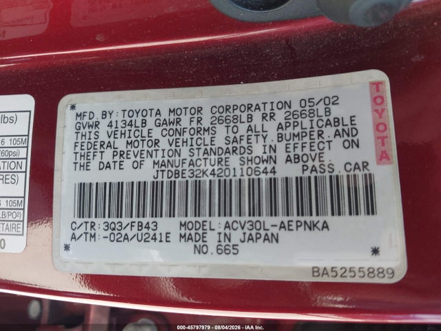 Продажа на аукционе авто 2002 Toyota Camry Le, vin: JTDBE32K420110644, номер лота: 45797979