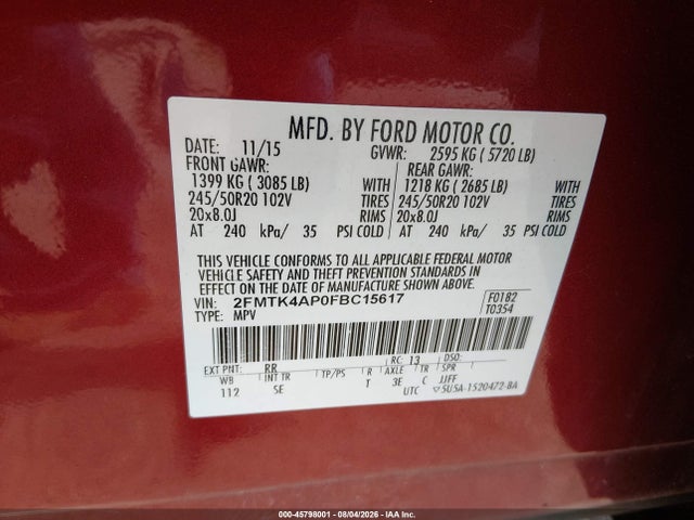 Продаж на аукціоні авто 2015 Ford Edge Sport, vin: 2FMTK4AP0FBC15617, номер лоту: 45798001