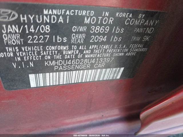 Продажа на аукционе авто 2008 Hyundai Elantra Gls/se, vin: KMHDU46D28U413397, номер лота: 45798008