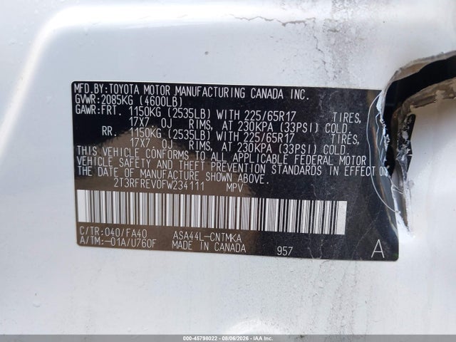 Продаж на аукціоні авто 2015 Toyota Rav4 Xle, vin: 2T3RFREV0FW234111, номер лоту: 45798022