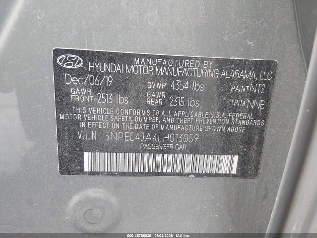 45798039 :رقم المزاد ، 5NPEL4JA4LH013059 vin ، 2020 Hyundai Sonata Sel مزاد بيع