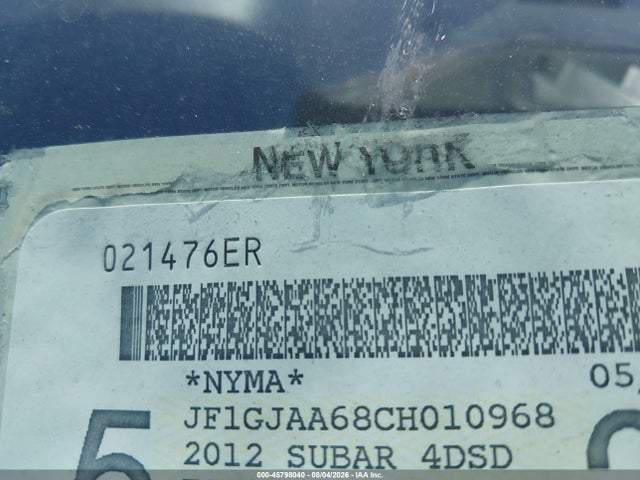 Aukcja sprzedaży 2012 Subaru Impreza 2.0i, vin: JF1GJAA68CH010968, numer aukcji: 45798040