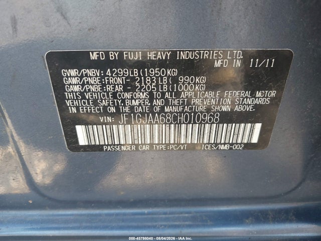 Aukcja sprzedaży 2012 Subaru Impreza 2.0i, vin: JF1GJAA68CH010968, numer aukcji: 45798040