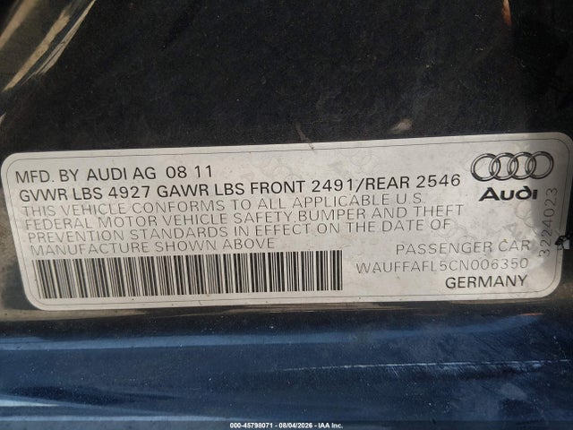 Продаж на аукціоні авто 2012 Audi A4 2.0t Premium Plus, vin: WAUFFAFL5CN006350, номер лоту: 45798071