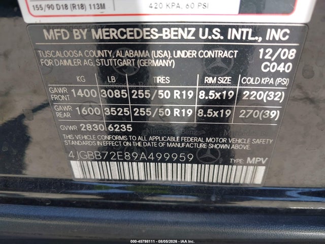 45798111 :رقم المزاد ، 4JGBB72E89A499959 vin ، 2009 Mercedes-benz Ml 550 4matic مزاد بيع