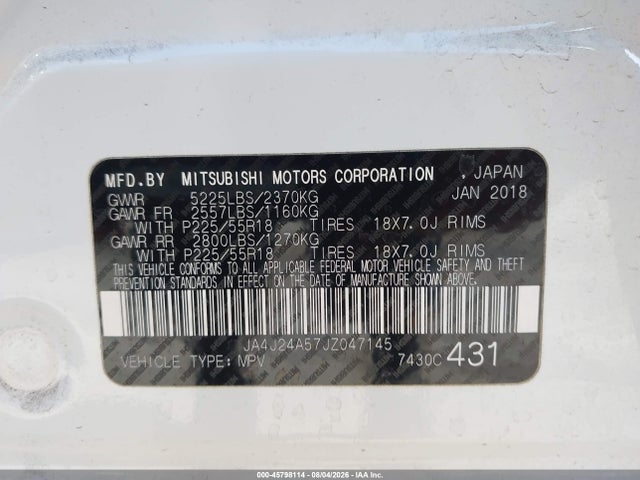 Aukcja sprzedaży 2018 Mitsubishi Outlander Phev Sel, vin: JA4J24A57JZ047145, numer aukcji: 45798114