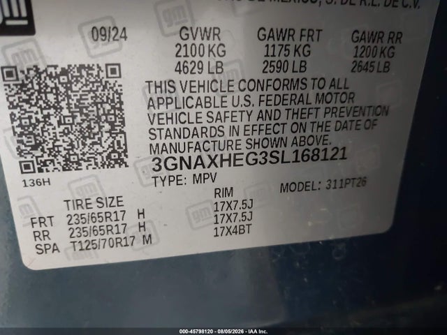 2025 Chevrolet Equinox Fwd Lt მანქანა იყიდება აუქციონზე, vin: 3GNAXHEG3SL168121, აუქციონის ნომერი: 45798120