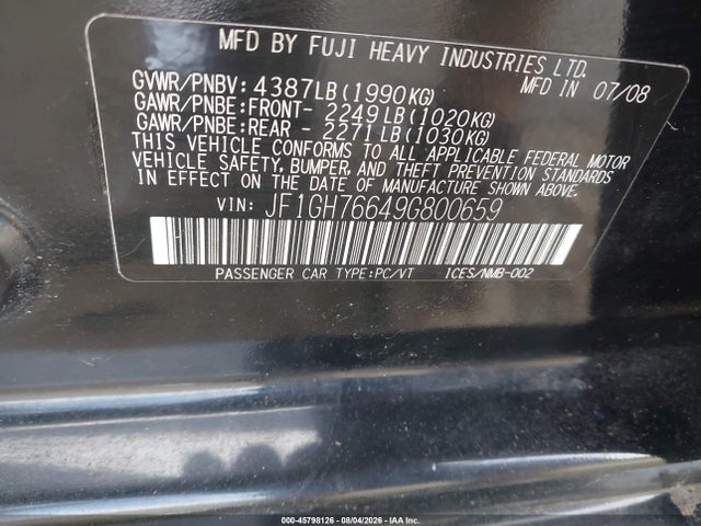 Продаж на аукціоні авто 2009 Subaru Impreza Wrx, vin: JF1GH76649G800659, номер лоту: 45798126
