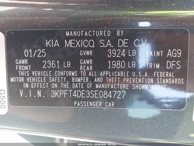2025 Kia K4 Lxs მანქანა იყიდება აუქციონზე, vin: 3KPFT4DE3SE084727, აუქციონის ნომერი: 45798133
