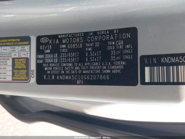 Auction sale of the 2016 Kia Sedona L, vin: KNDMA5C10G6207866, lot number: 45798135