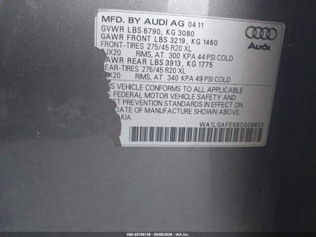 45798139 :رقم المزاد ، WA1LGAFE5BD009803 vin ، 2011 Audi Q7 3.0t Premium مزاد بيع