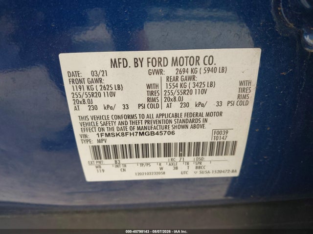 Продаж на аукціоні авто 2021 Ford Explorer Limited, vin: 1FMSK8FH7MGB45706, номер лоту: 45798143