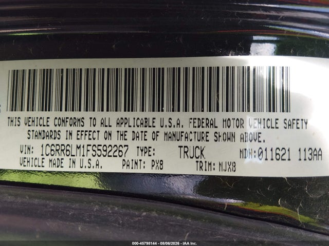 2015 Ram 1500 Lone Star მანქანა იყიდება აუქციონზე, vin: 1C6RR6LM1FS592267, აუქციონის ნომერი: 45798144