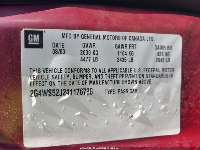2004 Buick Century მანქანა იყიდება აუქციონზე, vin: 2G4WS52J241176738, აუქციონის ნომერი: 45798156