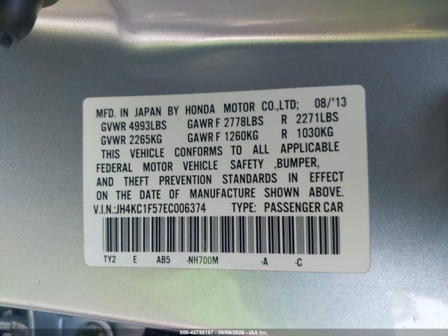 Aukcja sprzedaży 2014 Acura Rlx, vin: JH4KC1F57EC006374, numer aukcji: 45798167