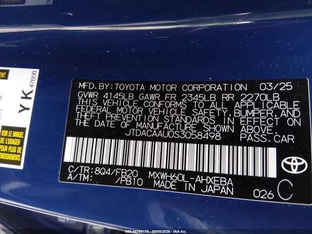 Aukcja sprzedaży 2025 Toyota Prius Le, vin: JTDACAAU0S3058498, numer aukcji: 45798179