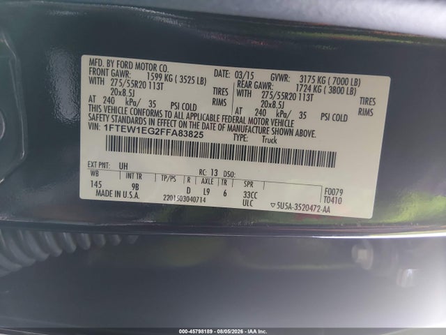 2015 Ford F-150 Platinum მანქანა იყიდება აუქციონზე, vin: 1FTEW1EG2FFA83825, აუქციონის ნომერი: 45798189
