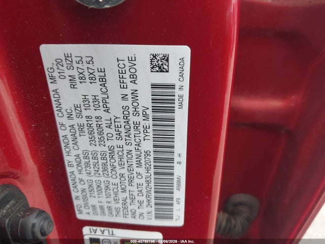 2020 Honda Cr-v Awd Ex-l მანქანა იყიდება აუქციონზე, vin: 2HKRW2H83LH620795, აუქციონის ნომერი: 45798196