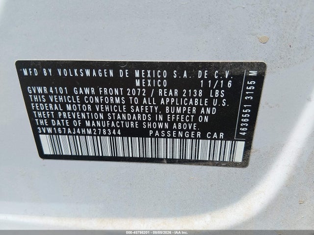 Aukcja sprzedaży 2017 Volkswagen Jetta 1.4t S, vin: 3VW167AJ4HM278344, numer aukcji: 45798201