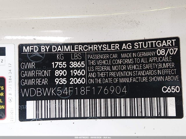2008 Mercedes-benz Slk 280 მანქანა იყიდება აუქციონზე, vin: WDBWK54F18F176904, აუქციონის ნომერი: 45798203