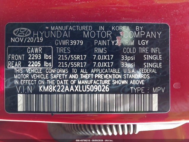 45798215 :رقم المزاد ، KM8K22AAXLU509026 vin ، 2020 Hyundai Kona Sel مزاد بيع