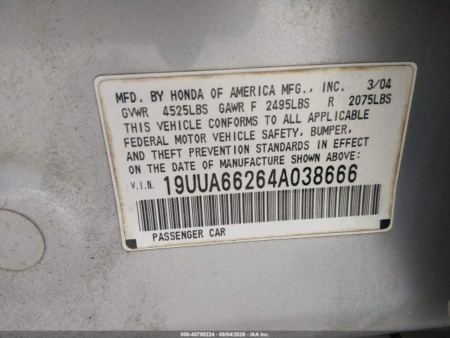 45798224 :رقم المزاد ، 19UUA66264A038666 vin ، 2004 Acura Tl مزاد بيع