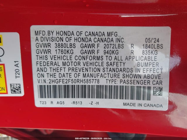 Продажа на аукционе авто 2024 Honda Civic Sport, vin: 2HGFE2F50RH585778, номер лота: 45798239