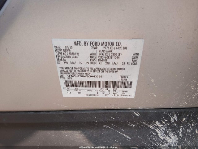Aukcja sprzedaży 2016 Ford Explorer Xlt, vin: 1FM5K7D84GGA43326, numer aukcji: 45798244