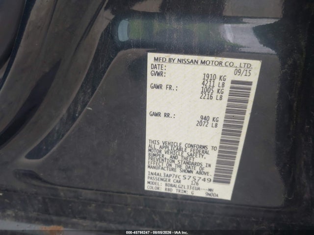 Aukcja sprzedaży 2015 Nissan Altima 2.5 S, vin: 1N4AL3AP7FC575749, numer aukcji: 45798247
