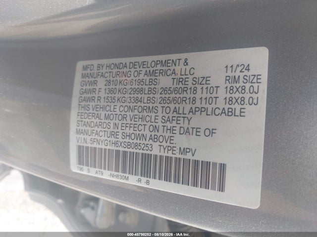 Aukcja sprzedaży 2025 Honda Pilot Trailsport, vin: 5FNYG1H6XSB085253, numer aukcji: 45798252