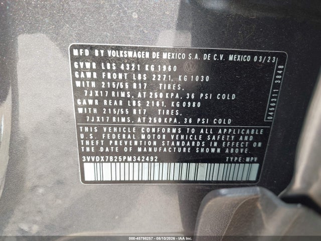 2023 Volkswagen Taos 1.5t S მანქანა იყიდება აუქციონზე, vin: 3VVDX7B25PM342492, აუქციონის ნომერი: 45798257