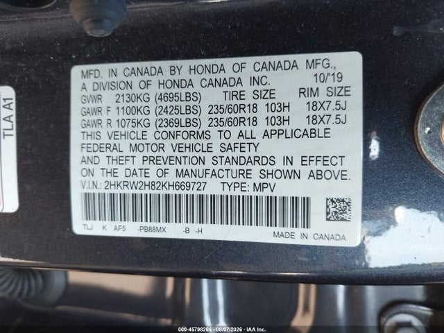 Продажа на аукционе авто 2019 Honda Cr-v Ex-l, vin: 2HKRW2H82KH669727, номер лота: 45798264