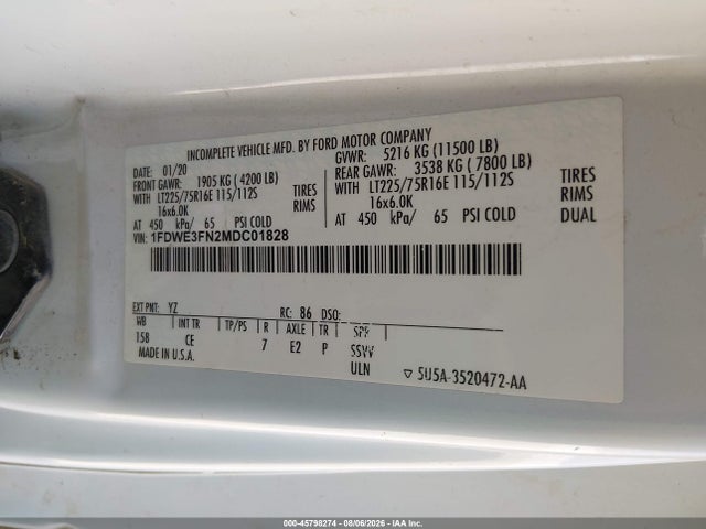 45798274 :رقم المزاد ، 1FDWE3FN2MDC01828 vin ، 2021 Ford E-350 Cutaway مزاد بيع