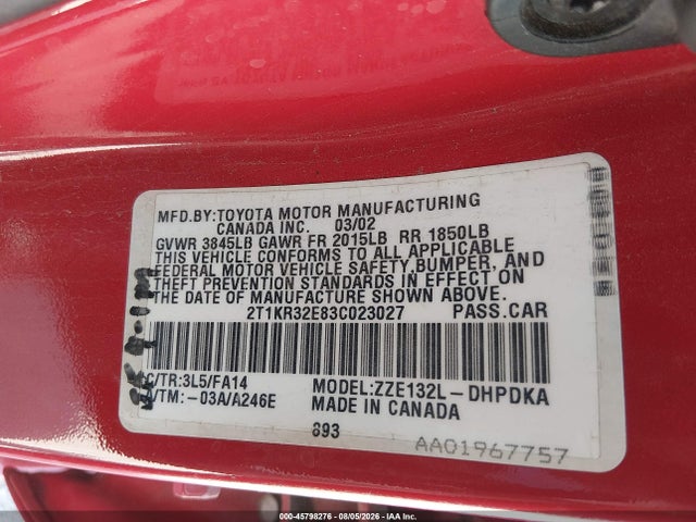 2003 Toyota Matrix Standard მანქანა იყიდება აუქციონზე, vin: 2T1KR32E83C023027, აუქციონის ნომერი: 45798276