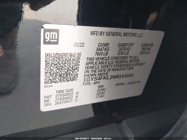 45798277 :رقم المزاد ، 1GYS4FKL2NR194504 vin ، 2022 Cadillac Escalade 4wd Sport مزاد بيع