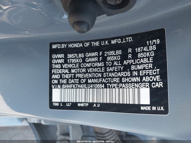 2020 Honda Civic Sport მანქანა იყიდება აუქციონზე, vin: SHHFK7H4XLU410684, აუქციონის ნომერი: 45798282