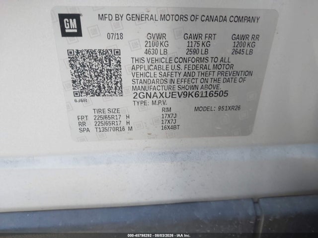 Chevrolet EQUINOX LT 2019 2GNAXUEV9K6116505 Image 9