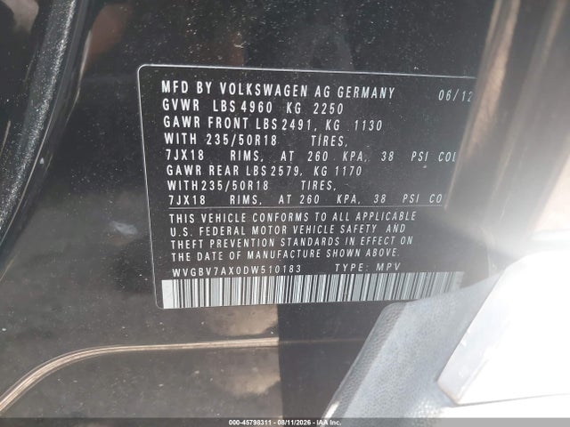 2013 Volkswagen Tiguan Se მანქანა იყიდება აუქციონზე, vin: WVGBV7AX0DW510183, აუქციონის ნომერი: 45798311