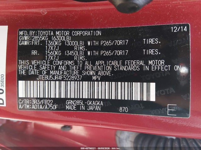 Toyota 4RUNNER SR5 2015 JTEBU5JR4F5228937 Image 9