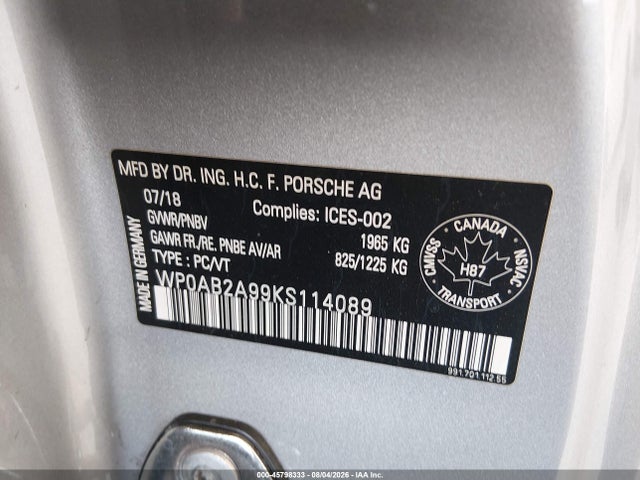 Auction sale of the 2019 Porsche 911 Carrera 4 Gts/carrera 4s/carrera Gts/carrera S, vin: WP0AB2A99KS114089, lot number: 45798333