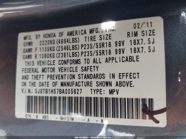 Aukcja sprzedaży 2011 Acura Rdx, vin: 5J8TB1H57BA005627, numer aukcji: 45798341