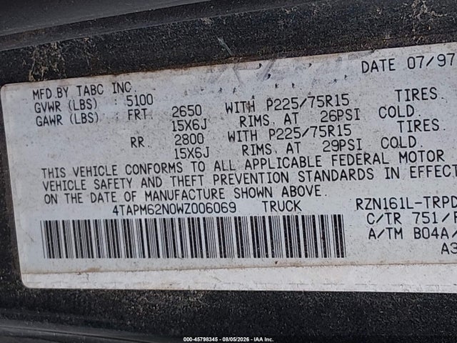 1998 Toyota Tacoma მანქანა იყიდება აუქციონზე, vin: 4TAPM62N0WZ006069, აუქციონის ნომერი: 45798345
