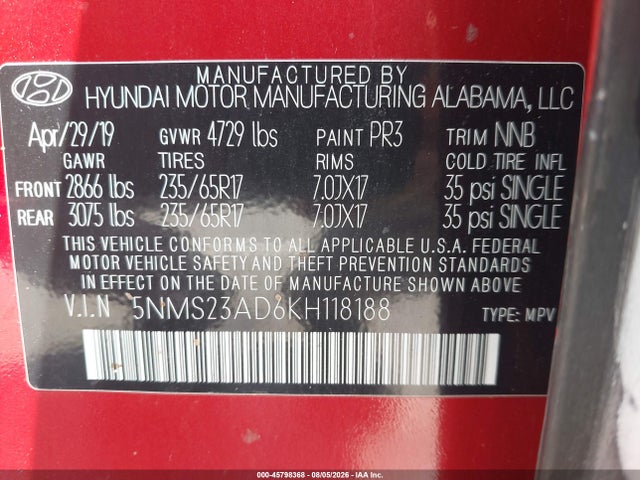 Aukcja sprzedaży 2019 Hyundai Santa Fe Se, vin: 5NMS23AD6KH118188, numer aukcji: 45798368