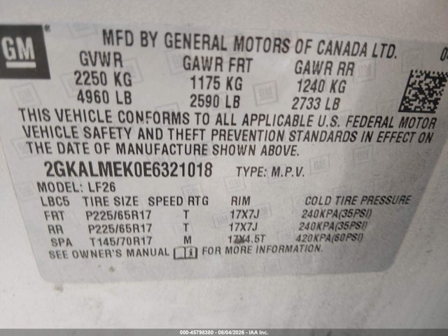 45798380 :رقم المزاد ، 2GKALMEK0E6321018 vin ، 2014 Gmc Terrain Sle-1 مزاد بيع