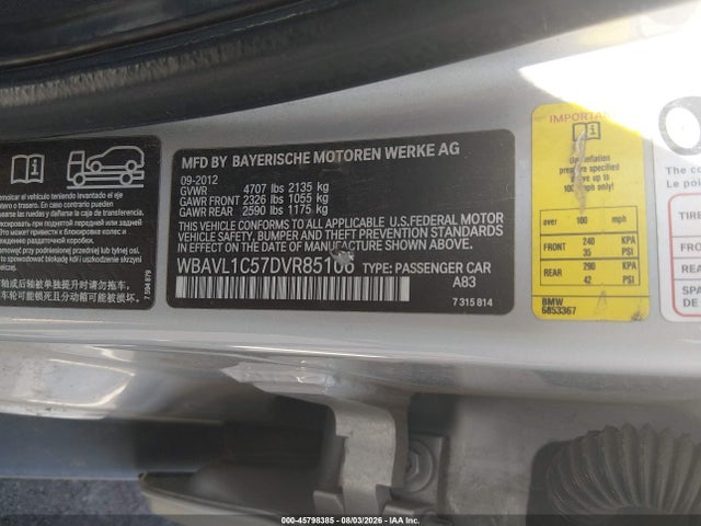 2013 Bmw X1 Xdrive28i მანქანა იყიდება აუქციონზე, vin: WBAVL1C57DVR85106, აუქციონის ნომერი: 45798385